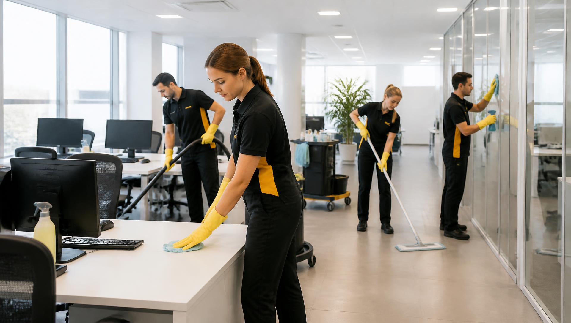 Professional cleaning team working in a modern office
