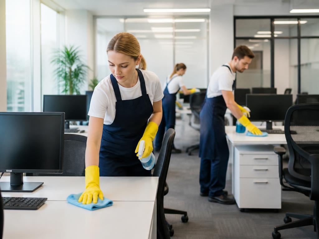 Cleaning professionals disinfecting an office